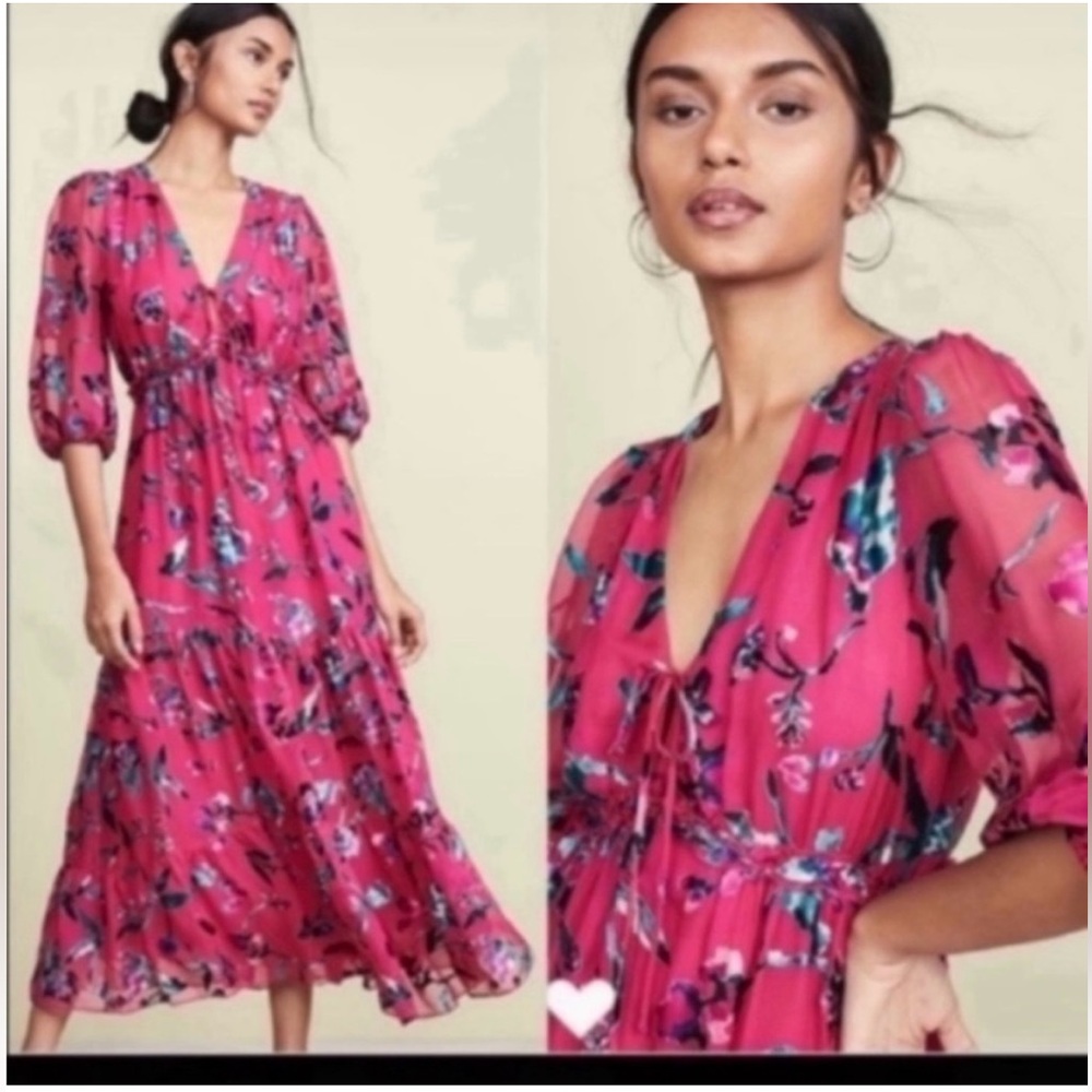 Tanya Taylor Pink Floral long Silk Dress